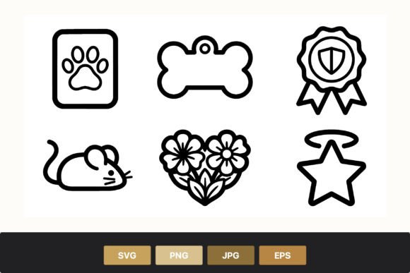 Black and White Line Art Paw Bone Ribbon Graphics