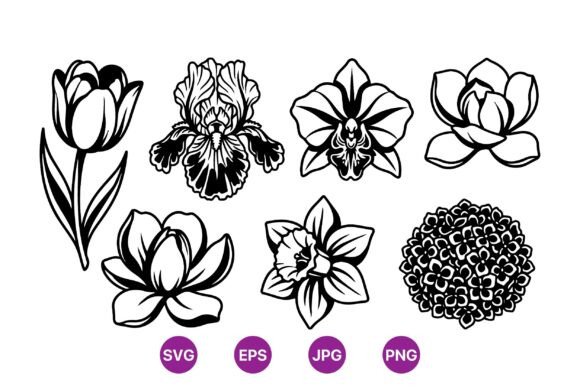 Black Line Art Flower Clipart Graphics for Crafting