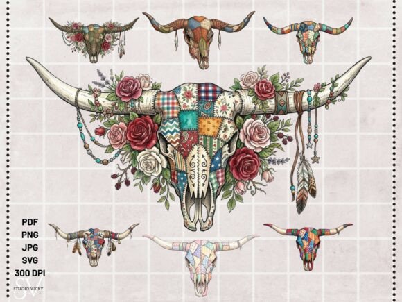 Cow Skull Faux Patchwork Bundle Graphics