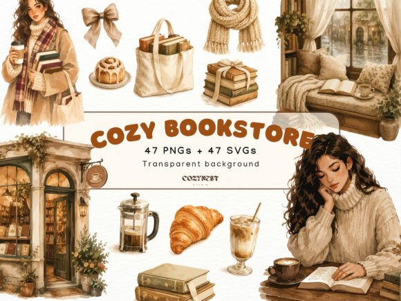 Cozy Bookstore Graphics for Handmade Creators