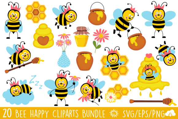 Cute Happy Bee Vector Clipart Bundle Graphics