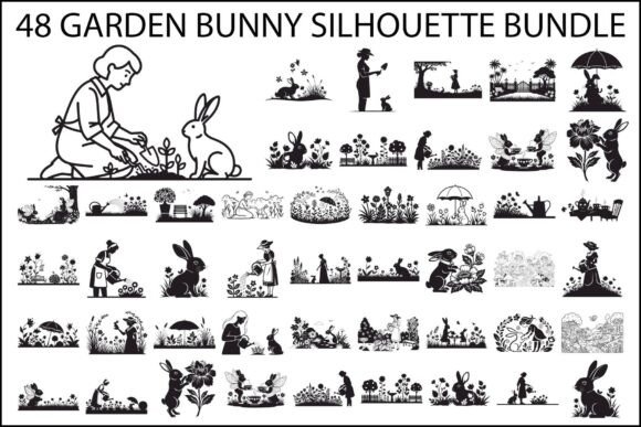 Garden Bunny Silhouette Bundle Graphics