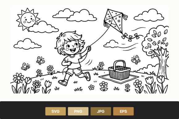 Happy Boy Flying Kite Picnic Basket Graphics