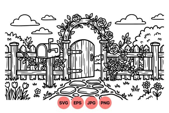 Rustic Garden Gate Line Art Graphics