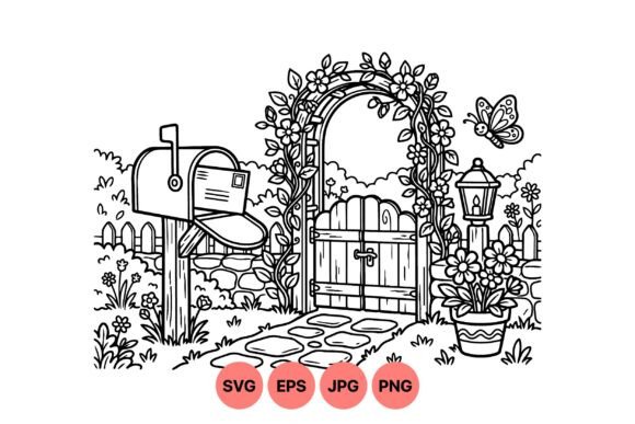 Rustic Garden Gate Lineart Graphics