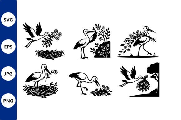Stork Line Art in Flight and Nest Graphics
