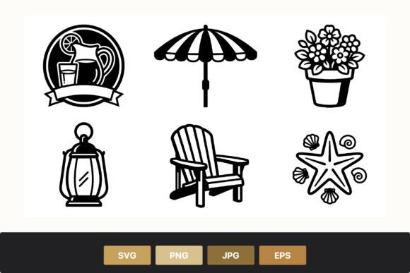 Summer Icons Black and White Vector Art Graphics